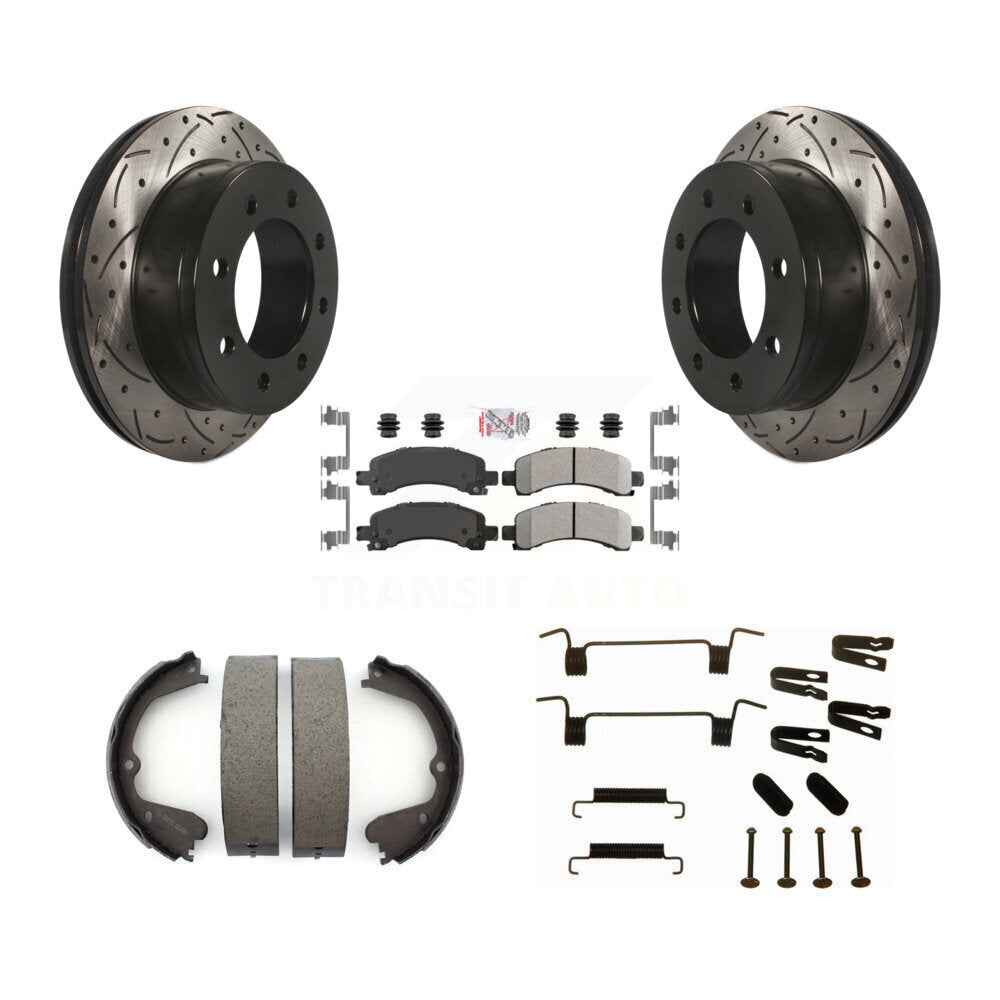 Rear Disc Drilled & Slotted Rotors Semi-Metallic Pads Parking Shoes And Hardware Kit For KDA-103557