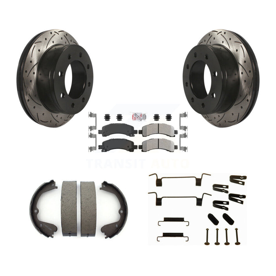 Rear Disc Drilled & Slotted Rotors Semi-Metallic Pads Parking Shoes And Hardware Kit For KDA-103557