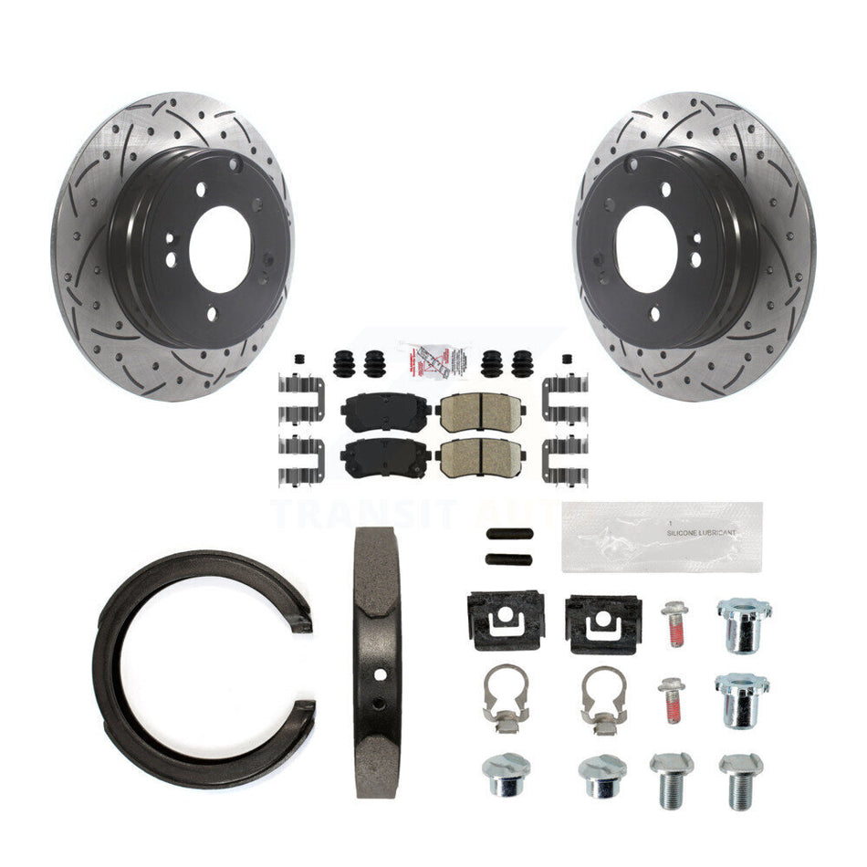 Rear Disc Drilled & Slotted Rotors Ceramic Pads Parking Shoes Hardware Kit For Hyundai KDA-103561