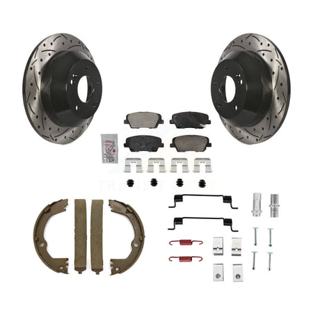 Rear Disc Drilled & Slotted Rotors Ceramic Pads Parking Shoes Hardware Kit For Hyundai Fe KDA-103563