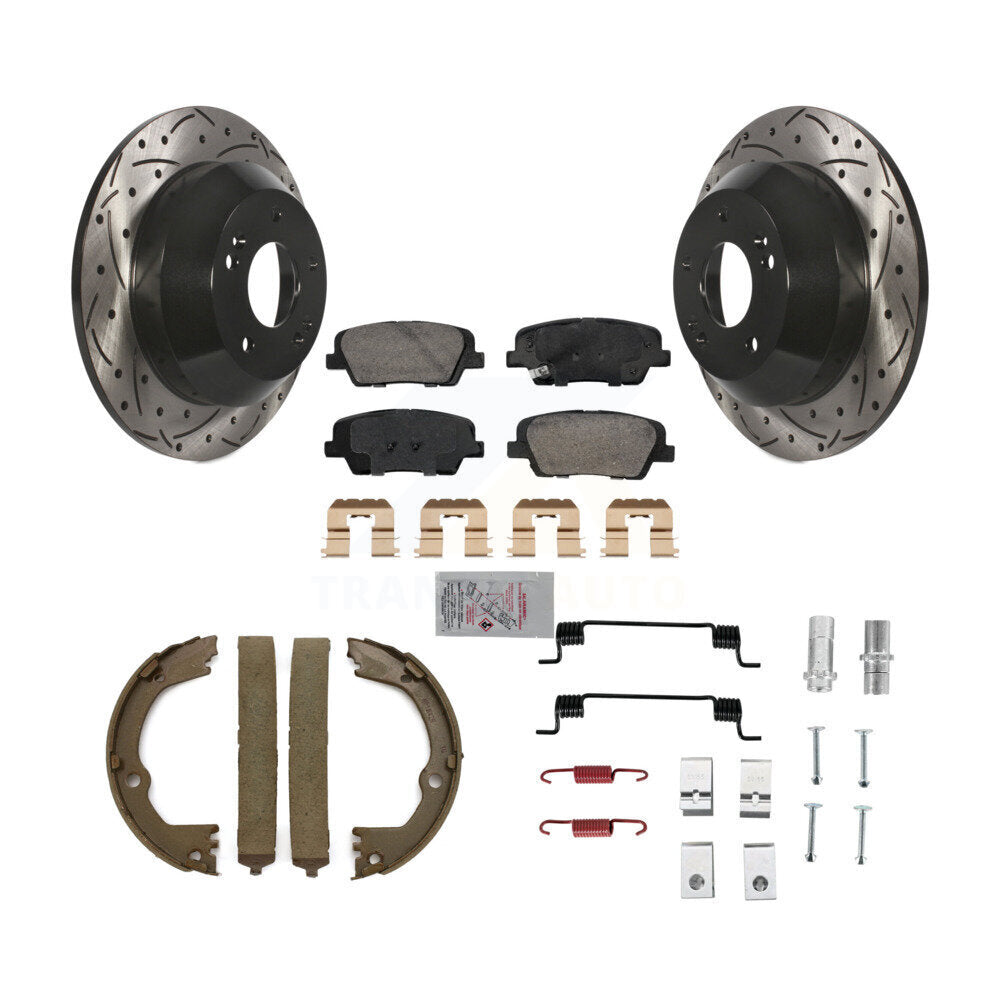 Rear Disc Drilled & Slotted Rotors Ceramic Pads Parking Shoes Hardware Kit For Hyundai Fe KDA-103564