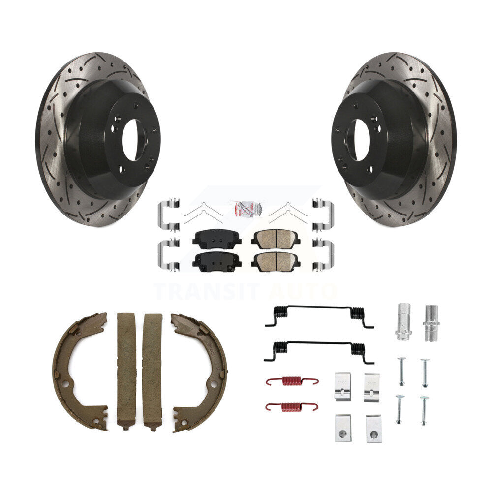 Rear Disc Drilled & Slotted Rotors Ceramic Pads Parking Shoes Hardware Kit For Hyundai Fe KDA-103565