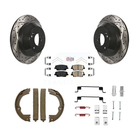 Rear Disc Drilled & Slotted Rotors Ceramic Pads Parking Shoes Hardware Kit For Hyundai Fe KDA-103565