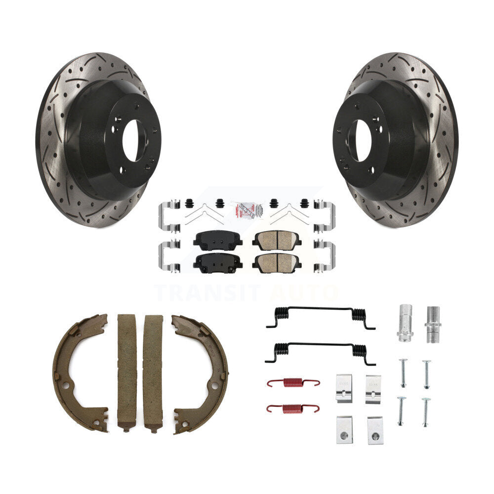 Rear Disc Drilled & Slotted Rotors Ceramic Pads Parking Shoes Hardware Kit For Hyundai Fe KDA-103566