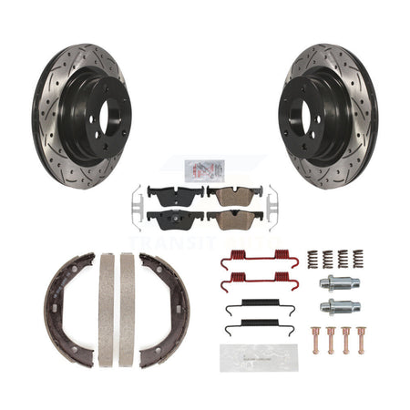 Rear Disc Drilled & Slotted Rotors Semi-Metallic Pads Parking Shoes And Hardware Kit For KDA-103567
