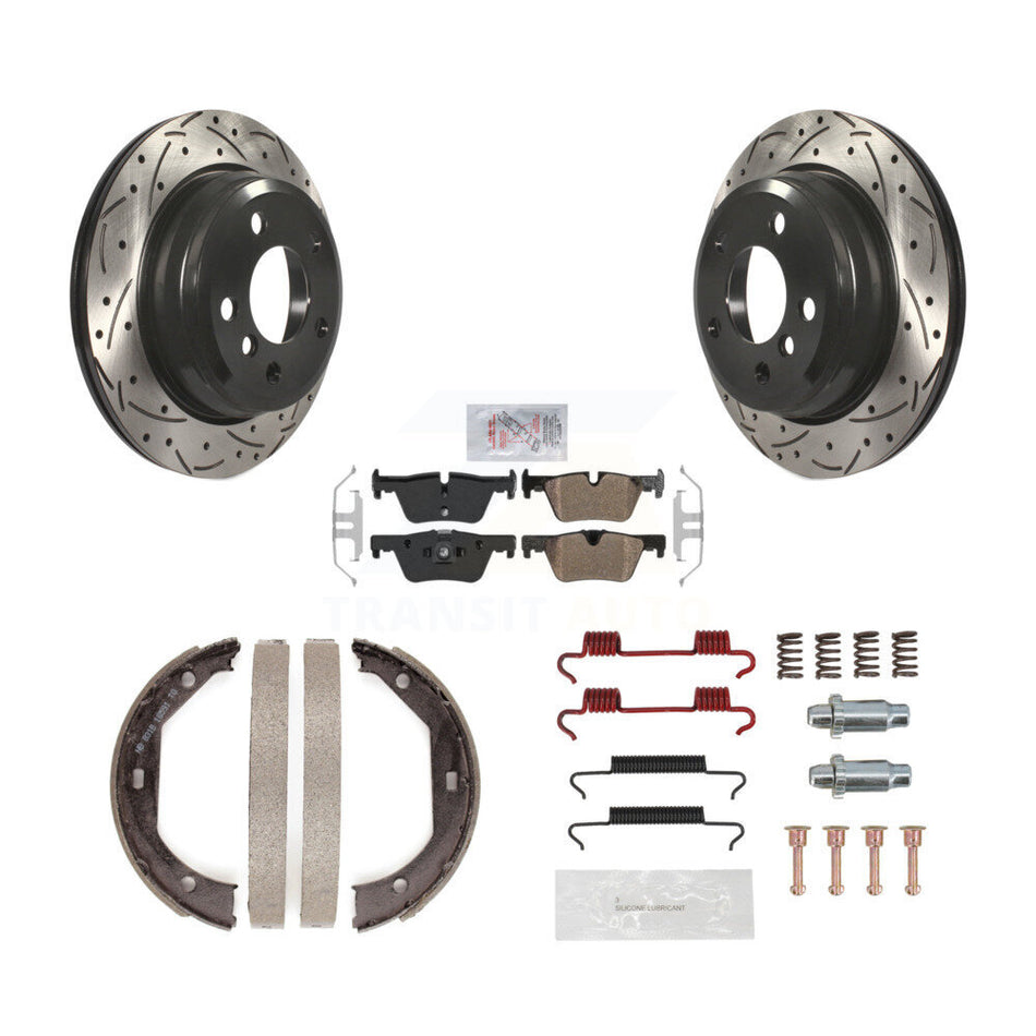 Rear Disc Drilled & Slotted Rotors Semi-Metallic Pads Parking Shoes Hardware Kit For BMW KDA-103569