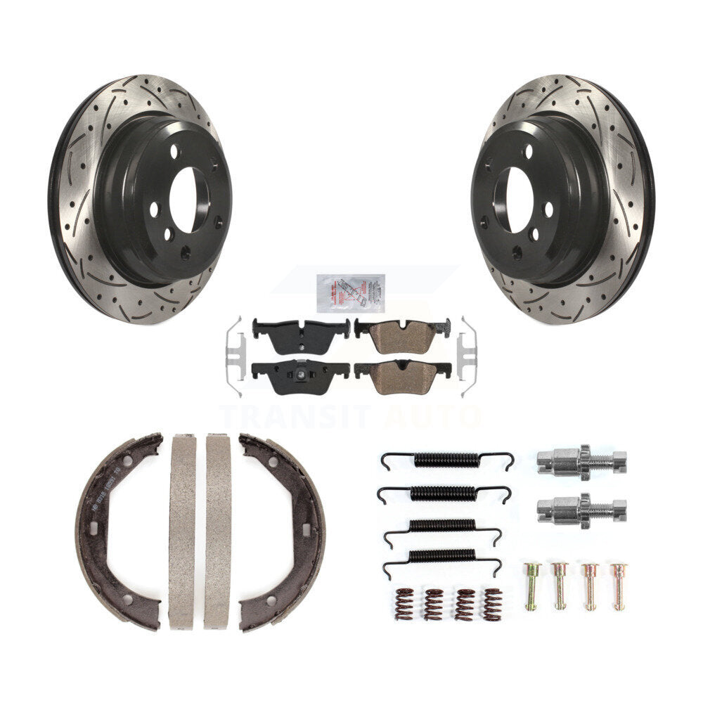 Rear Disc Drilled & Slotted Rotors Semi-Metallic Pads Parking Shoes Hardware Kit For BMW KDA-103571