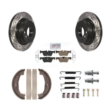 Rear Disc Drilled & Slotted Rotors Semi-Metallic Pads Parking Shoes And Hardware Kit For KDA-103574