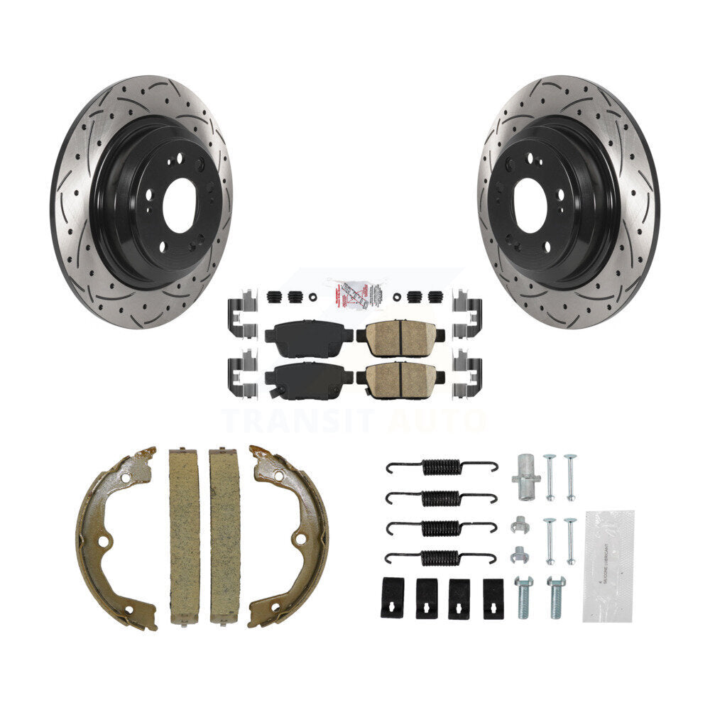Rear Disc Drilled & Slotted Rotors Ceramic Pads Parking Shoes Hardware Kit For Acura TL KDA-103577