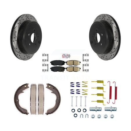 Rear Disc Drilled & Slotted Rotors Ceramic Pads Parking Shoes And Hardware Kit For Subaru KDA-103578