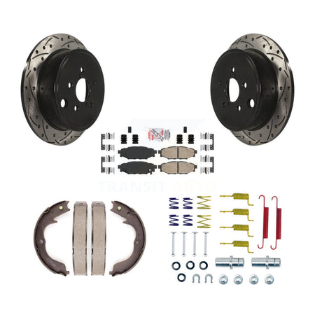 Rear Disc Drilled & Slotted Rotors Ceramic Pads Parking Shoes And Hardware Kit For Subaru KDA-103579