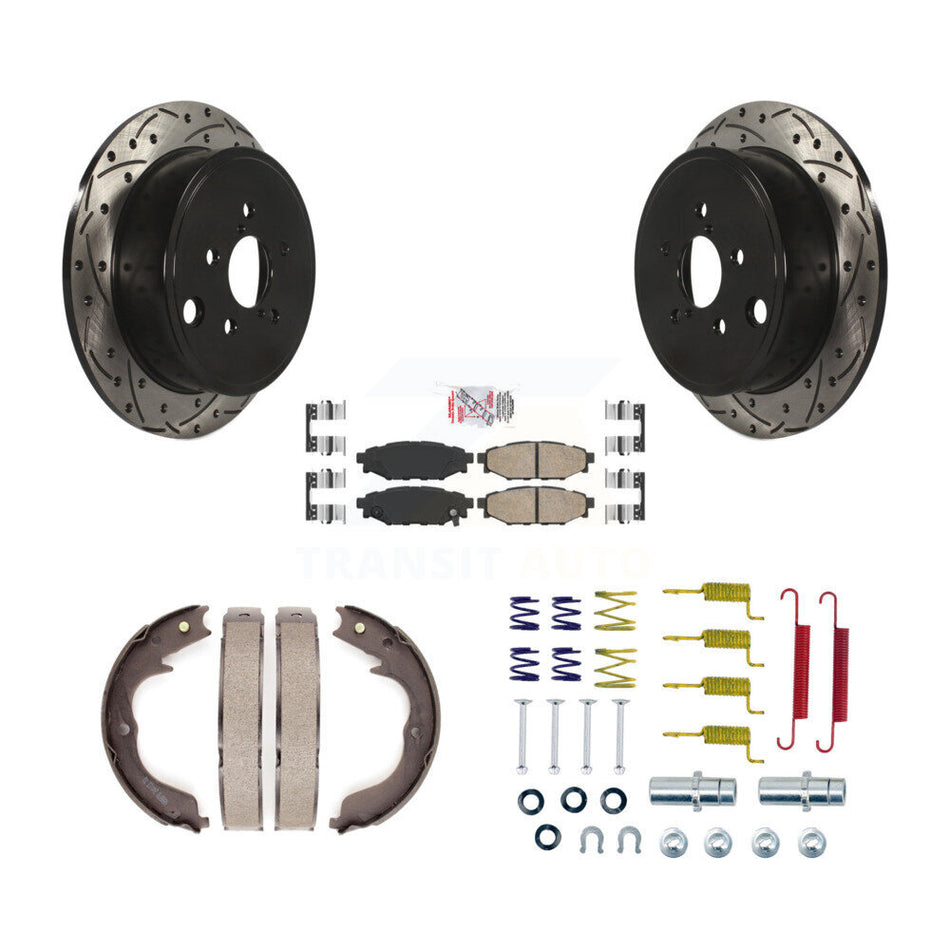 Rear Disc Drilled & Slotted Rotors Ceramic Pads Parking Shoes And Hardware Kit For Subaru KDA-103580