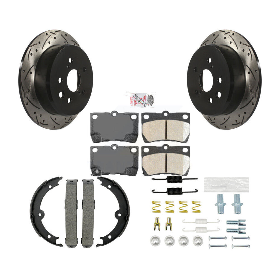 Rear Disc Drilled & Slotted Rotors Ceramic Pads Parking Brake Shoes And Hardware Kit For KDA-103581