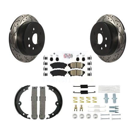 Rear Disc Drilled & Slotted Rotors Ceramic Pads Parking Brake Shoes And Hardware Kit For KDA-103582