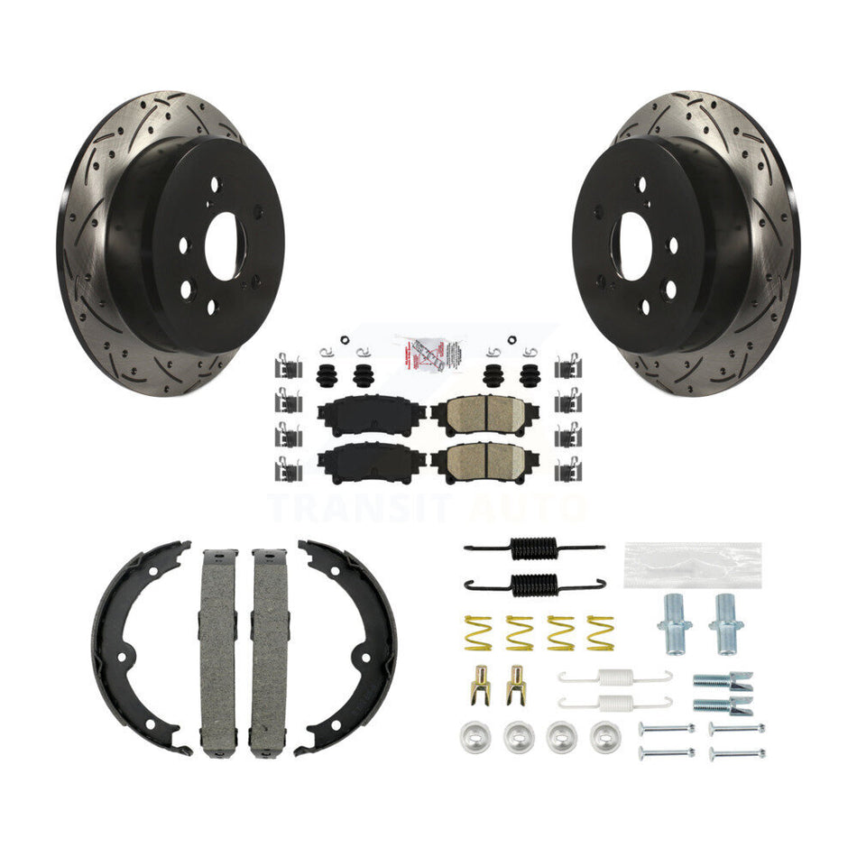 Rear Disc Drilled & Slotted Rotors Ceramic Pads Parking Brake Shoes And Hardware Kit For KDA-103582