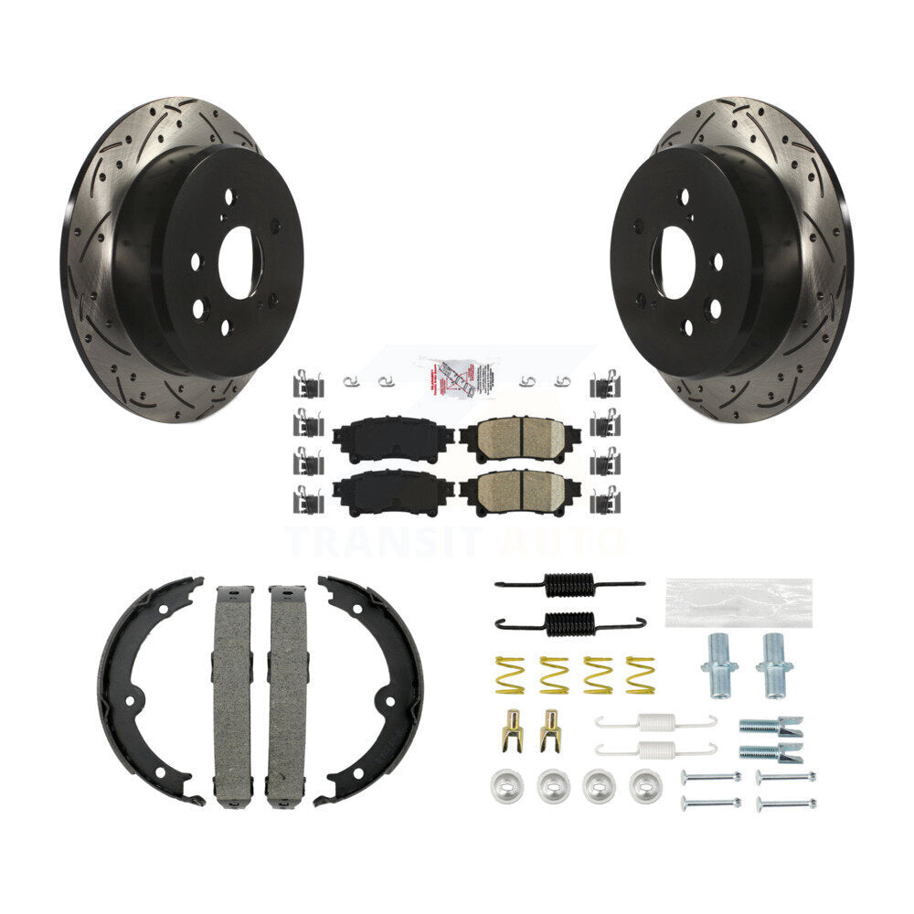 Rear Disc Drilled & Slotted Rotors Ceramic Pads Parking Brake Shoes And Hardware Kit For KDA-103583