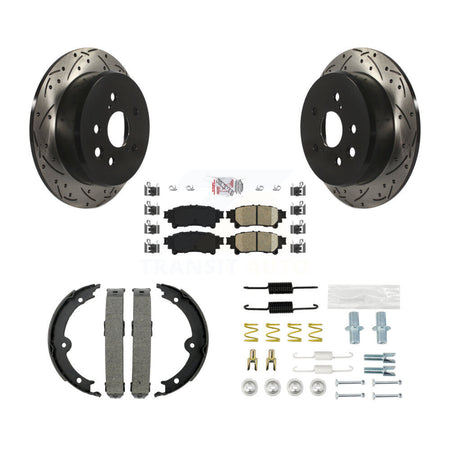 Rear Disc Drilled & Slotted Rotors Ceramic Pads Parking Brake Shoes And Hardware Kit For KDA-103583