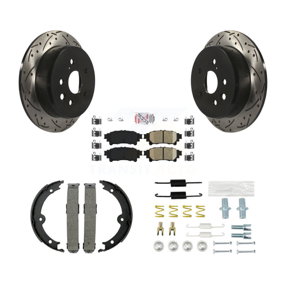 Rear Disc Drilled & Slotted Rotors Ceramic Pads Parking Brake Shoes And Hardware Kit For KDA-103583