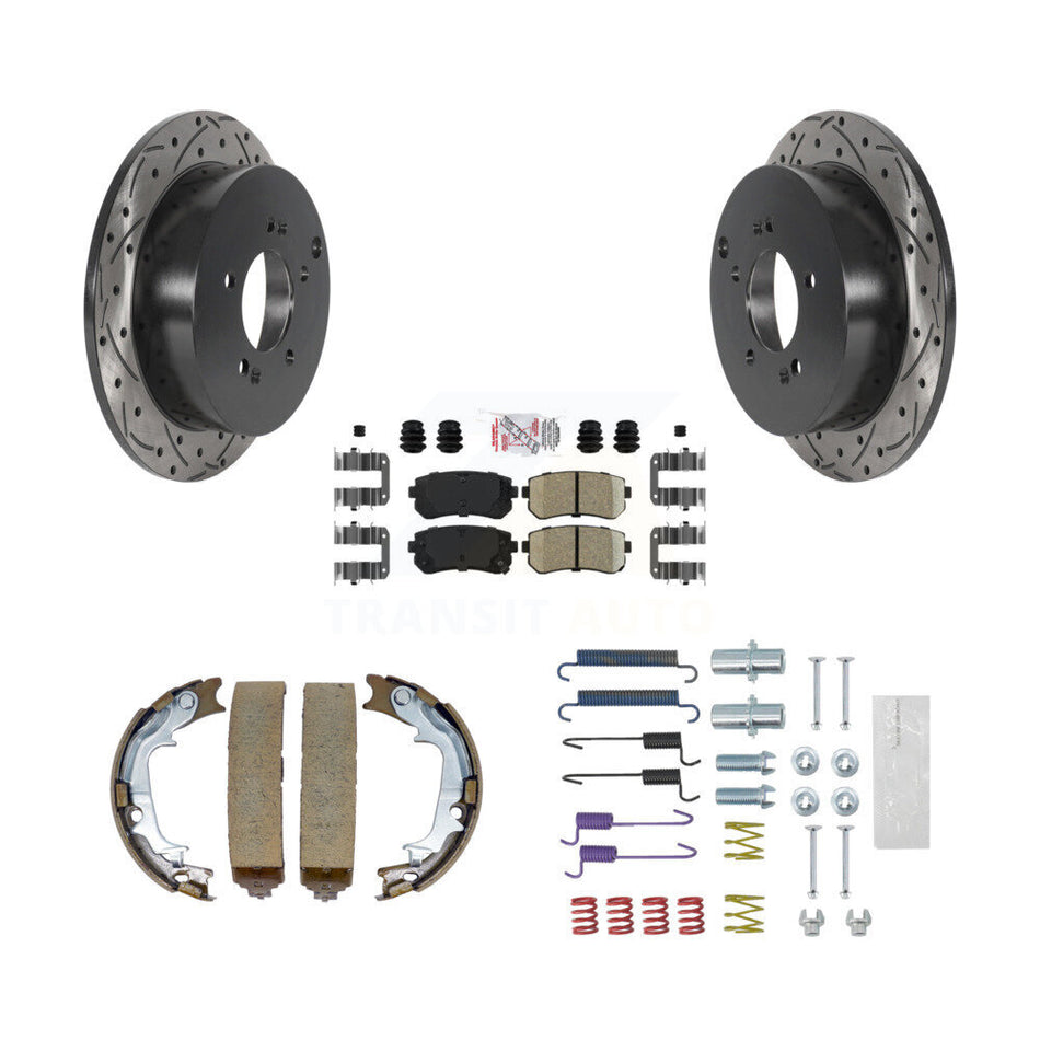 Rear Disc Drilled & Slotted Rotors Ceramic Pads Parking Shoes Hardware Kit For Hyundai KDA-103584