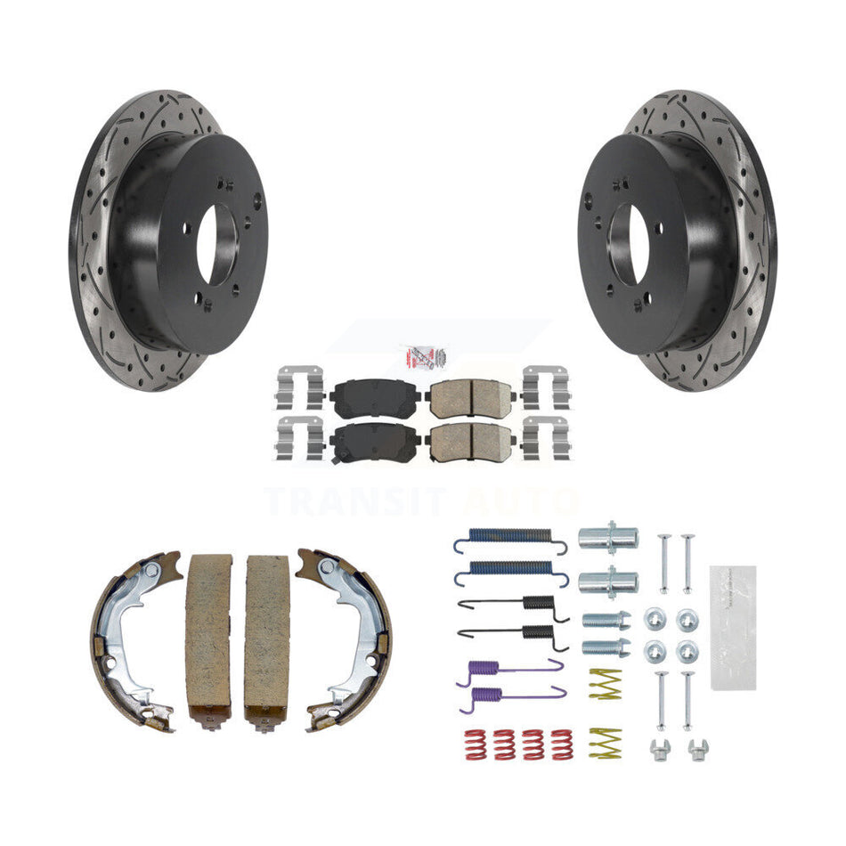Rear Disc Drilled & Slotted Rotors Ceramic Pads Parking Shoes Hardware Kit For Hyundai KDA-103585