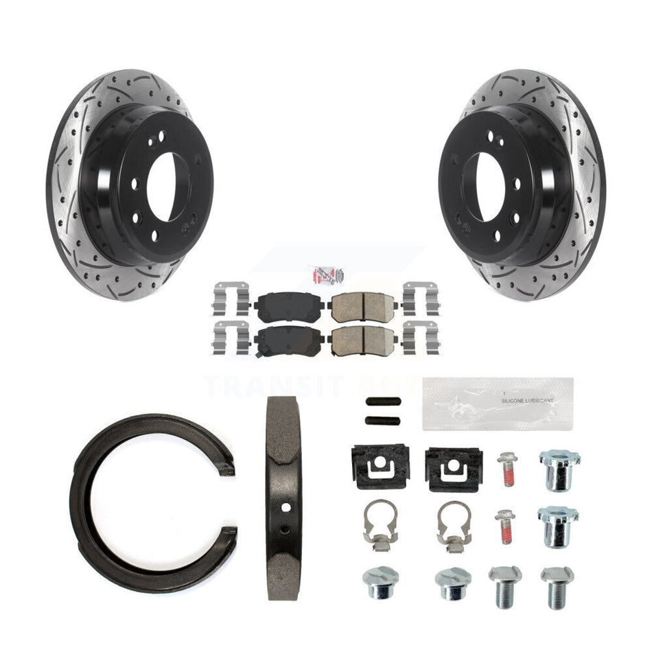 Rear Disc Drilled & Slotted Rotors Ceramic Pads Parking Brake Shoes And Hardware Kit For KDA-103589