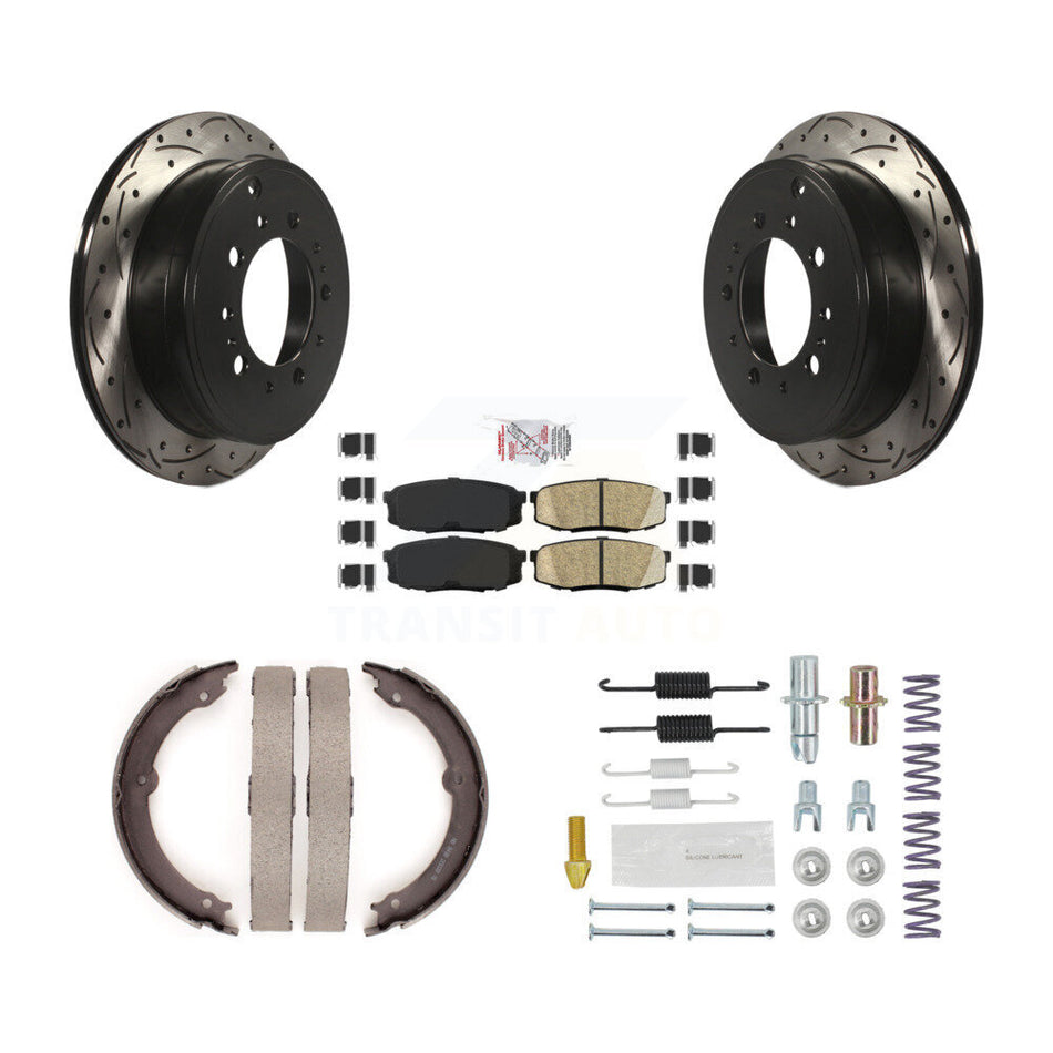 Rear Disc Drilled & Slotted Rotors Ceramic Pads Parking Shoes And Hardware Kit For Toyota KDA-103590