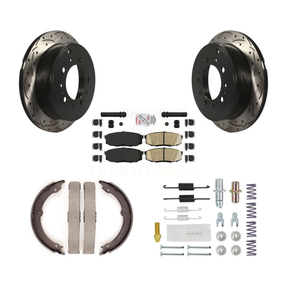 Rear Disc Drilled & Slotted Rotors Ceramic Pads Parking Shoes And Hardware Kit For Toyota KDA-103591