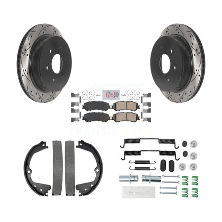Rear Disc Drilled & Slotted Rotors Ceramic Pads Parking Brake Shoes And Hardware Kit For KDA-103592