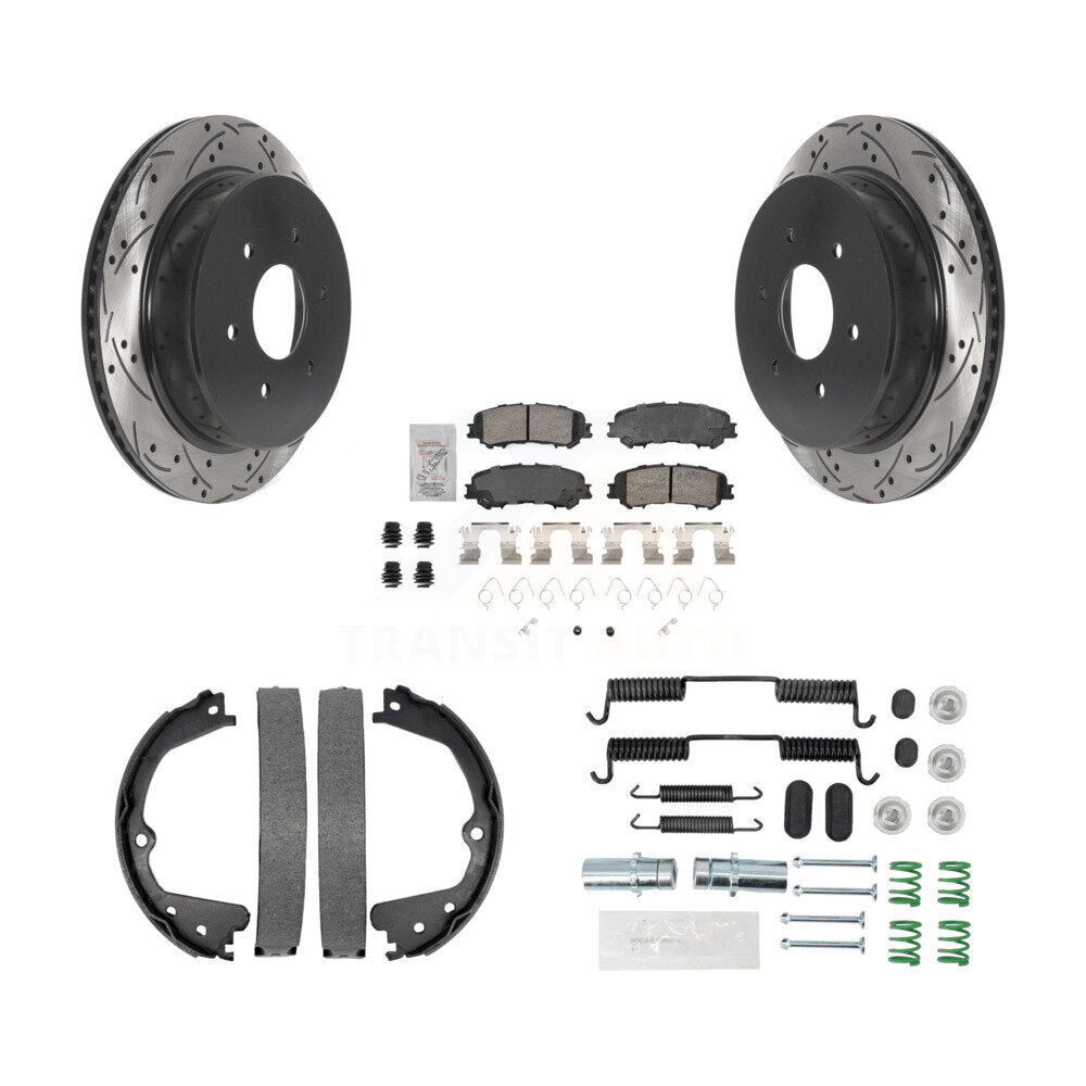 Rear Disc Drilled & Slotted Rotors Ceramic Pads Parking Brake Shoes And Hardware Kit For KDA-103593