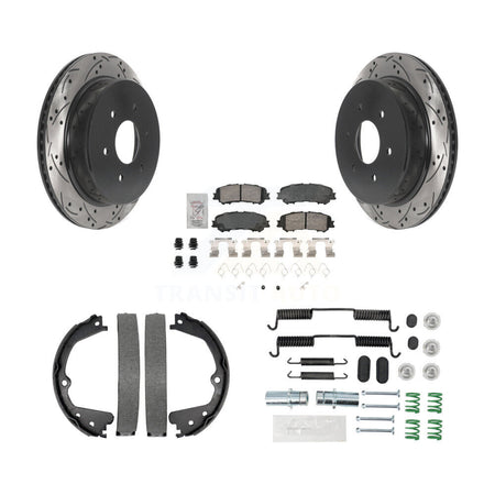 Rear Disc Drilled & Slotted Rotors Ceramic Pads Parking Brake Shoes And Hardware Kit For KDA-103593