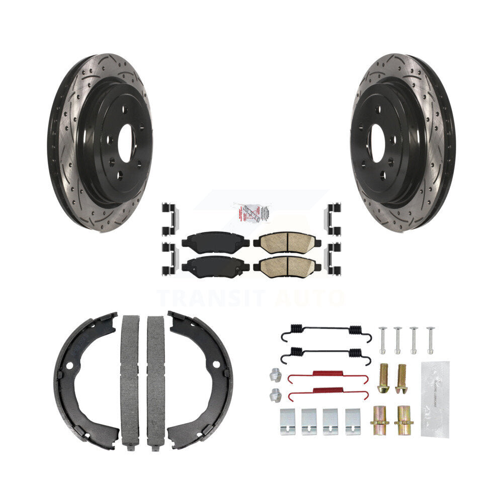 Rear Disc Drilled & Slotted Rotors Ceramic Pads Parking Shoes Hardware Kit For Chevrolet KDA-103594