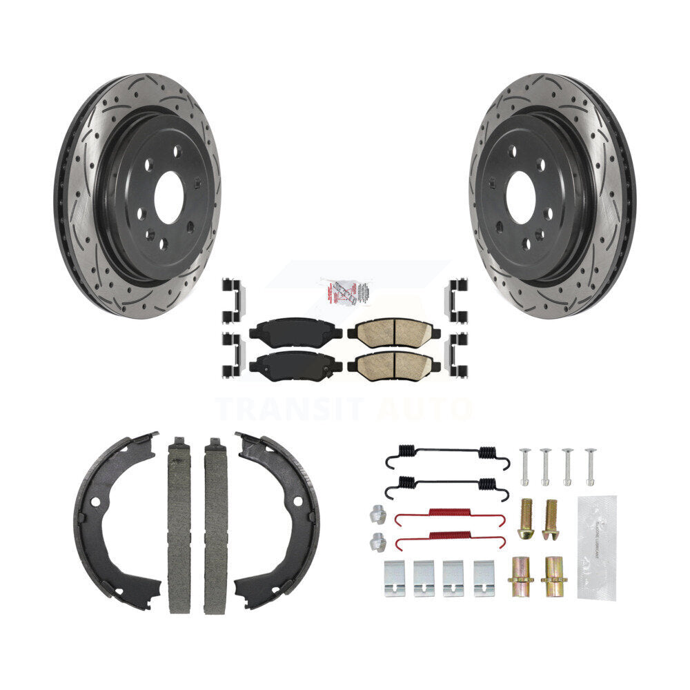 Rear Disc Drilled & Slotted Rotors Ceramic Pads Parking Brake Shoes And Hardware Kit For KDA-103596