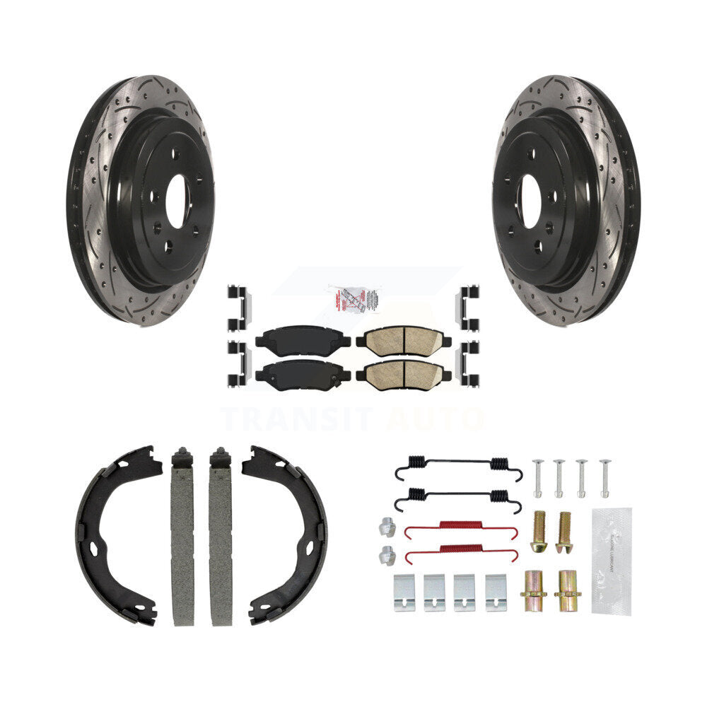 Rear Disc Drilled & Slotted Rotors Ceramic Pads Parking Brake Shoes And Hardware Kit For KDA-103597