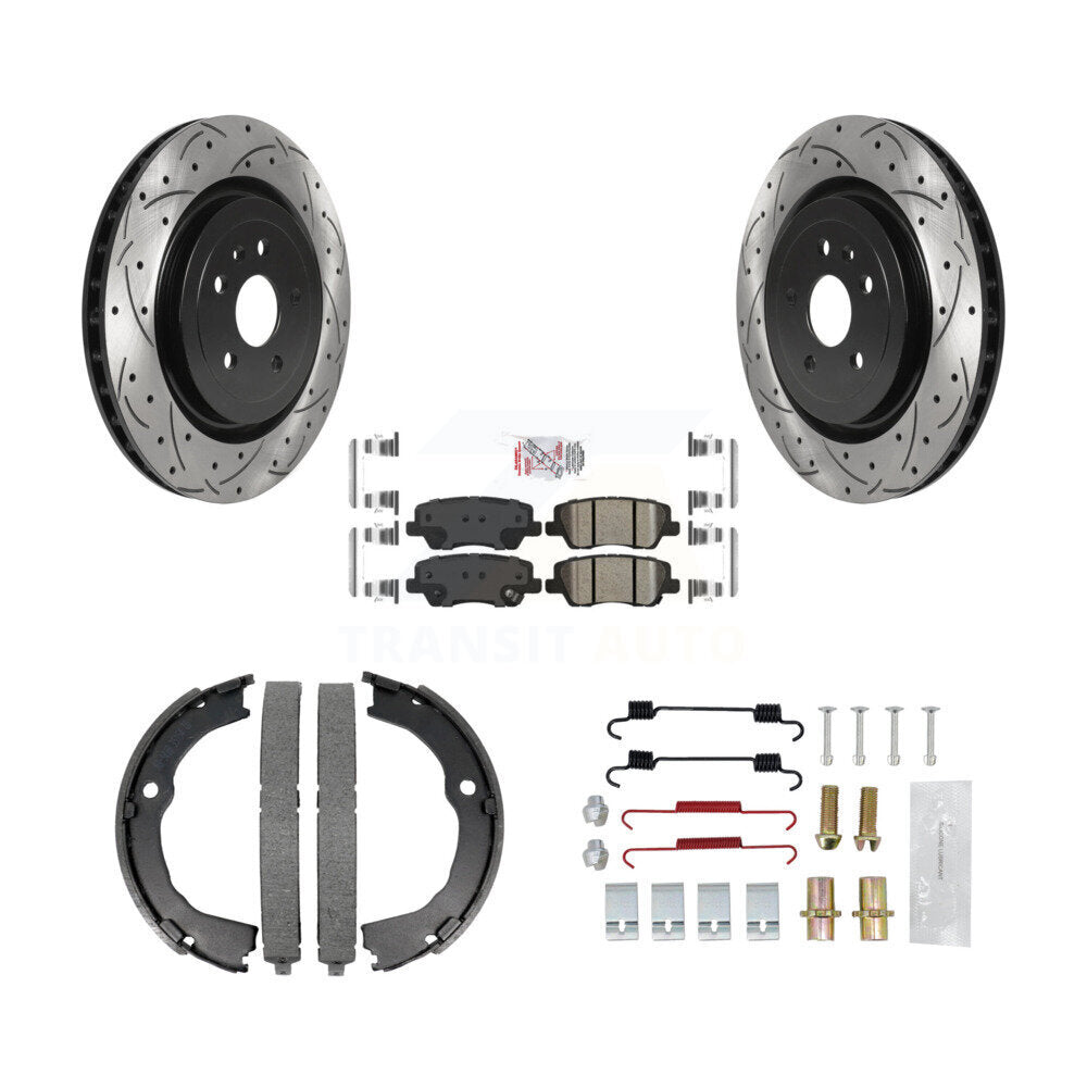 Rear Disc Drilled & Slotted Rotors Ceramic Pads Parking Brake Shoes And Hardware Kit For KDA-103598