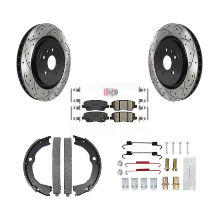 Rear Disc Drilled & Slotted Rotors Ceramic Pads Parking Brake Shoes And Hardware Kit For KDA-103598