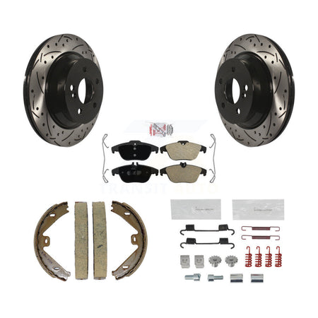 Rear Disc Drilled & Slotted Rotors Semi-Metallic Pads Parking Shoes And Hardware Kit For KDA-103603