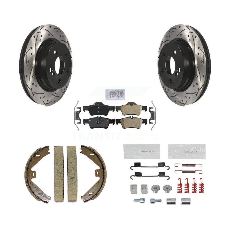 Rear Disc Drilled & Slotted Rotors Semi-Metallic Pads Parking Shoes And Hardware Kit For KDA-103605