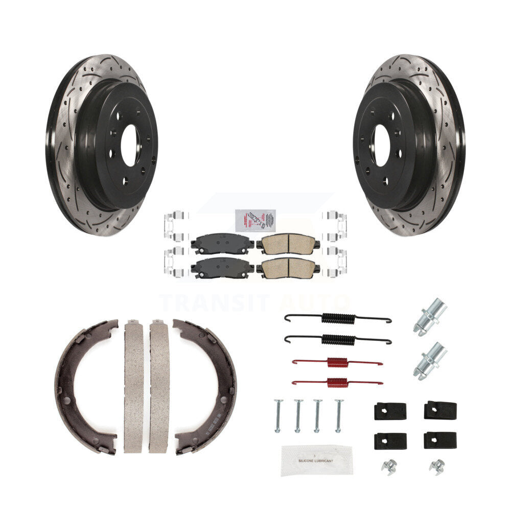 Rear Disc Drilled & Slotted Rotors Ceramic Pads Parking Shoes Hardware Kit For GMC Acadia KDA-103608