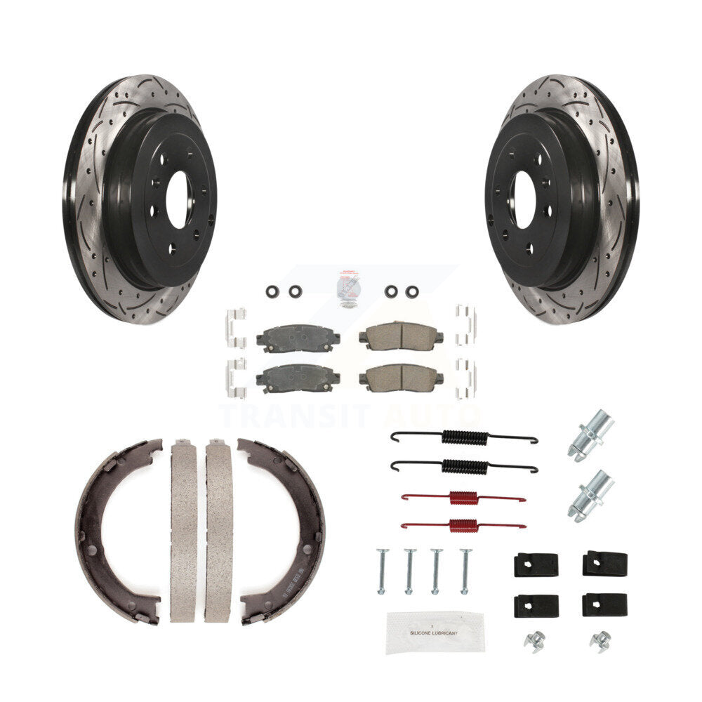 Rear Disc Drilled & Slotted Rotors Ceramic Pads Parking Shoes Hardware Kit For GMC Acadia KDA-103609