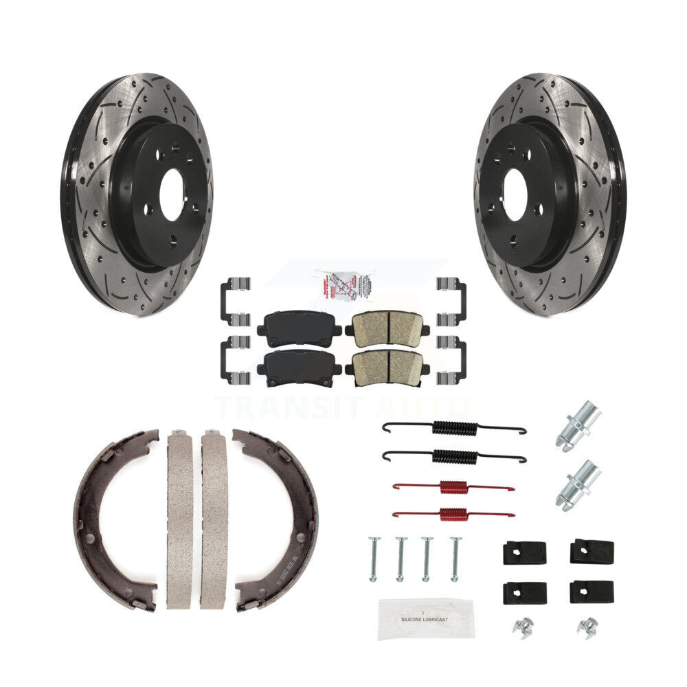 Rear Disc Drilled & Slotted Rotors Ceramic Pads Parking Brake Shoes And Hardware Kit For KDA-103610