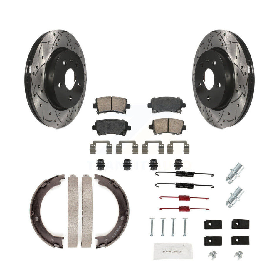 Rear Disc Drilled & Slotted Rotors Ceramic Pads Parking Brake Shoes And Hardware Kit For KDA-103611