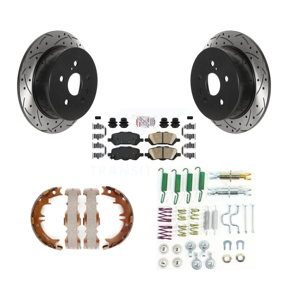 Rear Disc Drilled & Slotted Rotors Ceramic Pads Parking Brake Shoes And Hardware Kit For KDA-103614