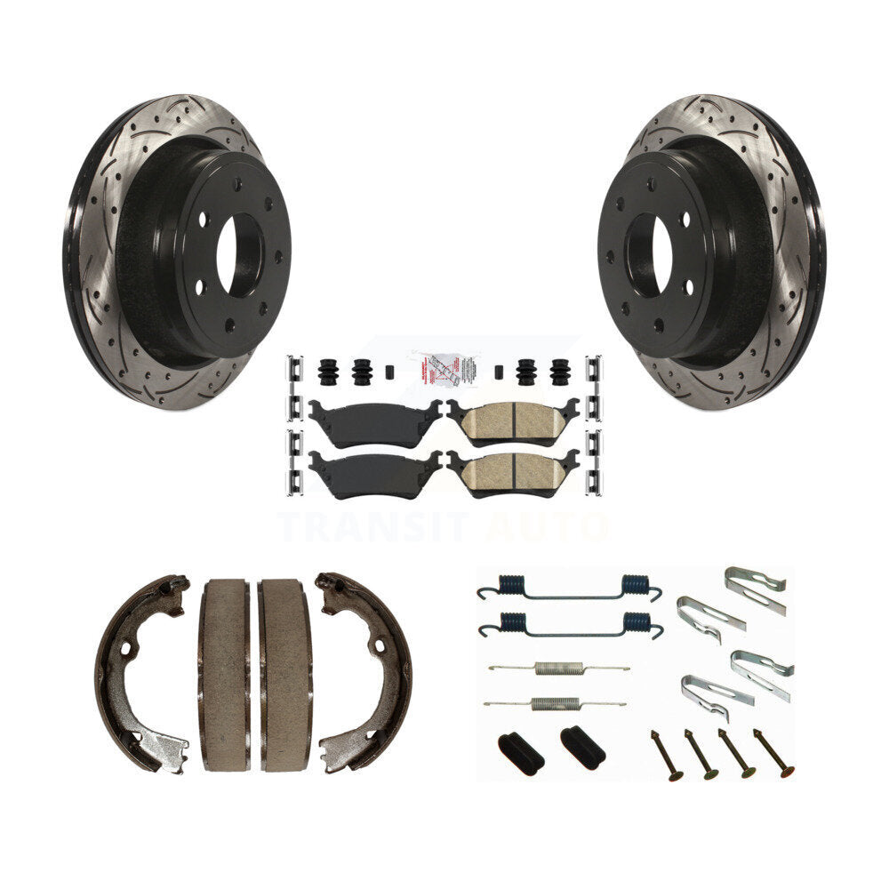 Rear Disc Drilled & Slotted Rotors Ceramic Pads Parking Shoes Hardware Kit For Ford F-150 KDA-103617