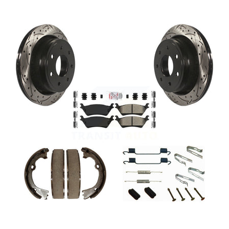 Rear Disc Drilled & Slotted Rotors Semi-Metallic Pads Parking Shoes And Hardware Kit For KDA-103618