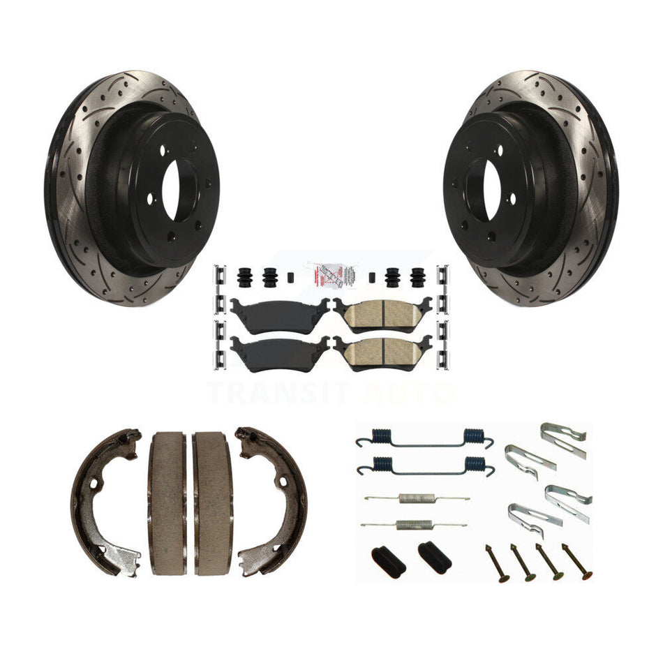 Rear Disc Drilled & Slotted Rotors Ceramic Pads Parking Shoes Hardware Kit For Ford F-150 KDA-103620