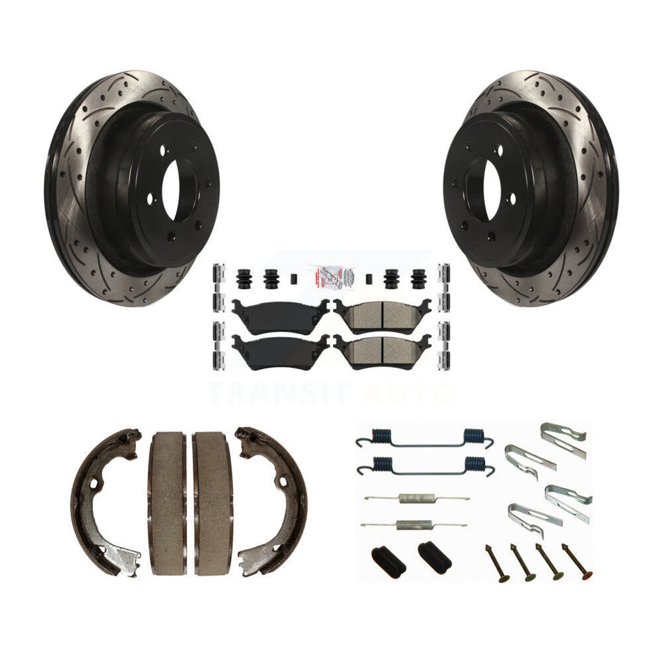 Rear Disc Drilled & Slotted Rotors Semi-Metallic Pads Parking Shoes And Hardware Kit For KDA-103621