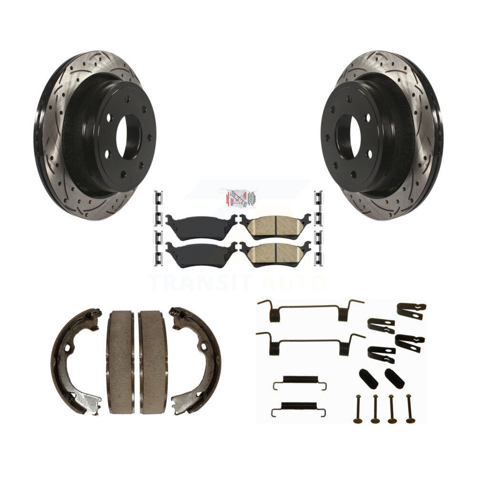 Rear Disc Drilled & Slotted Rotors Ceramic Pads Parking Shoes Hardware Kit For Ford F-150 KDA-103622