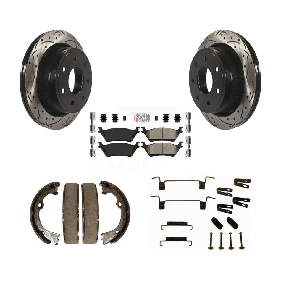Rear Disc Drilled & Slotted Rotors Semi-Metallic Pads Parking Shoes And Hardware Kit For KDA-103624