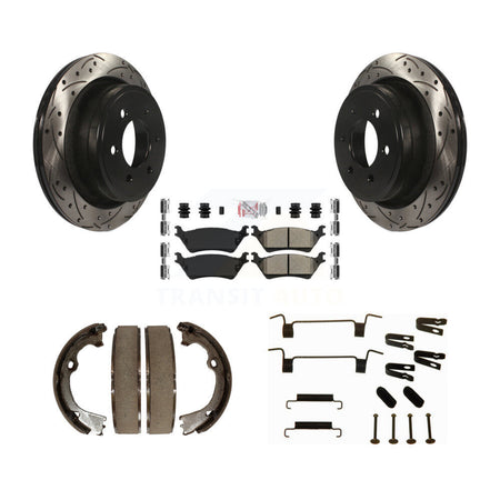 Rear Disc Drilled & Slotted Rotors Semi-Metallic Pads Parking Shoes And Hardware Kit For KDA-103627