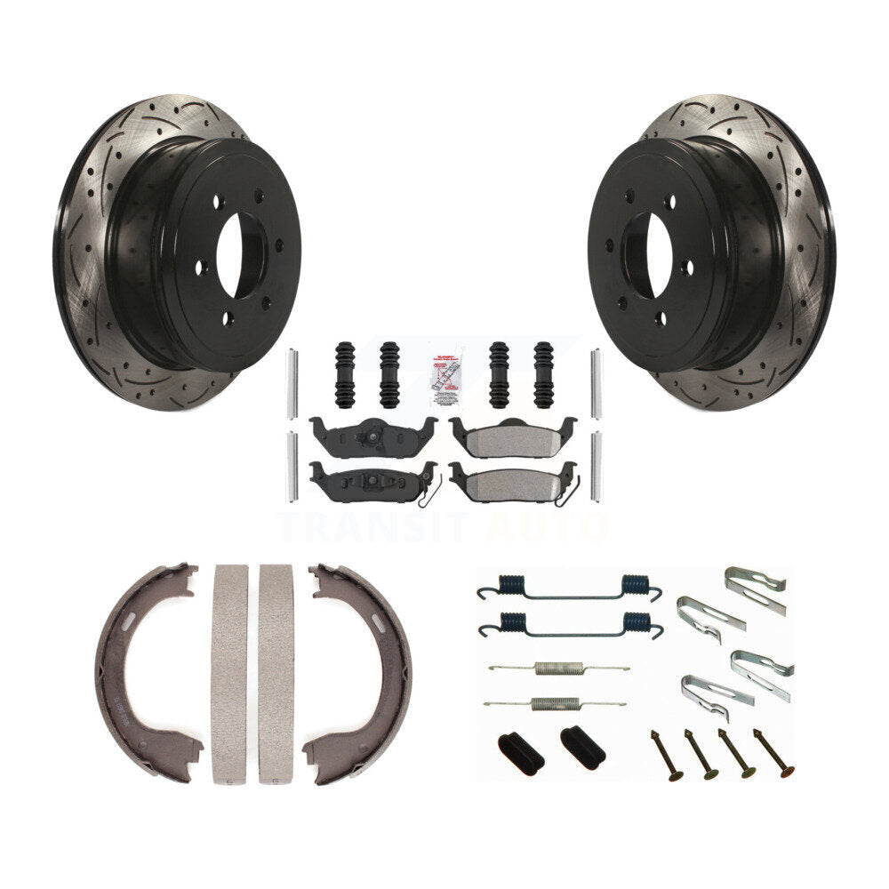 Rear Disc Drilled & Slotted Rotors Semi-Metallic Pads Parking Shoes And Hardware Kit For KDA-103633